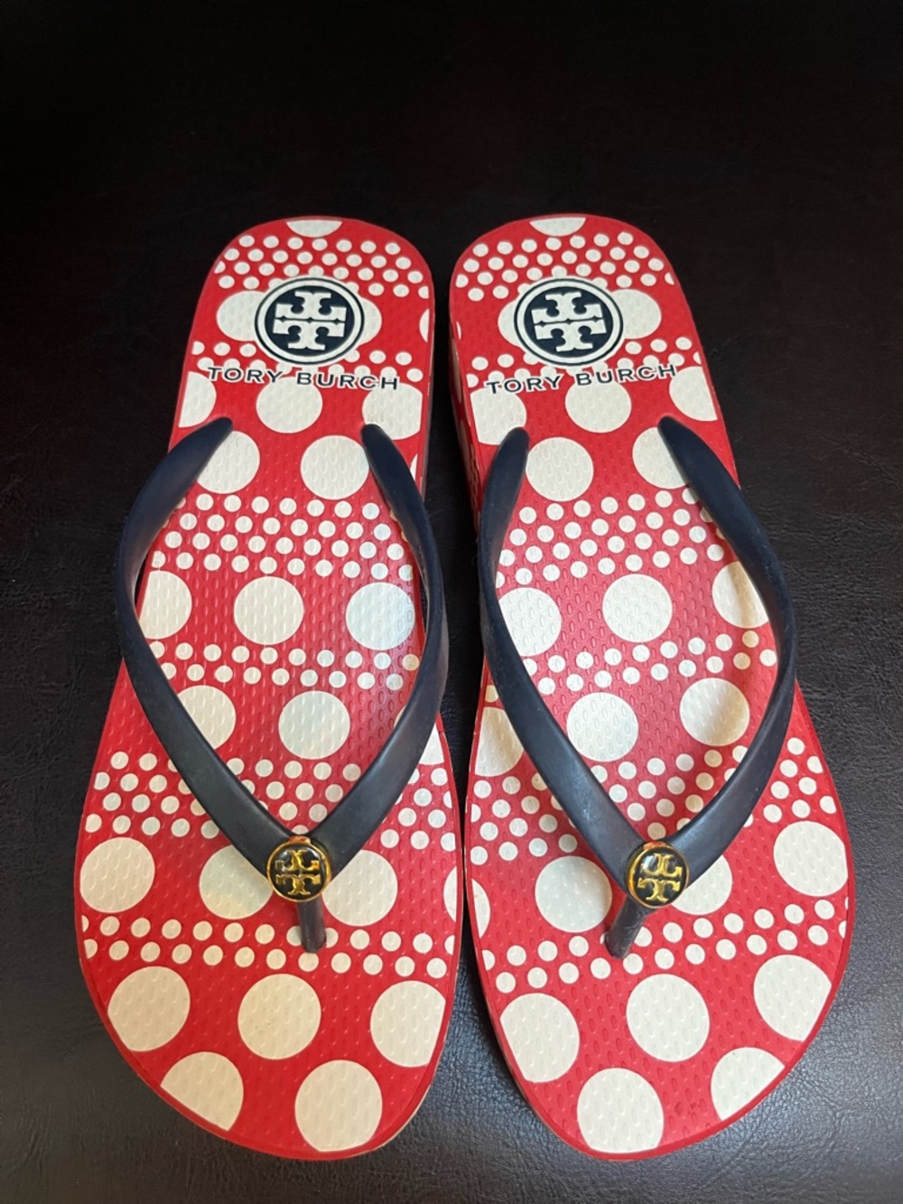 Tory Burch Red and White Polka Dot Flip Flops with Navy Straps